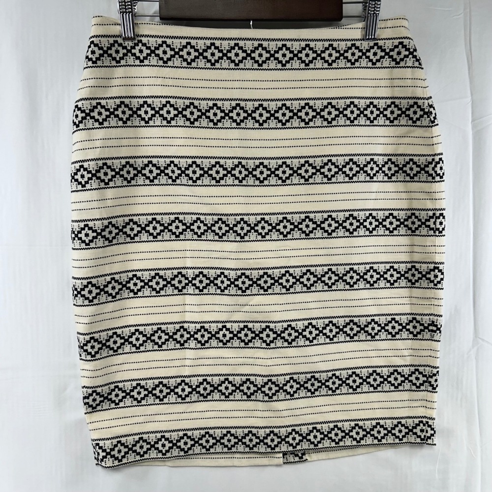 Ann Taylor Pencil Skirt Womens 10 Cream Black Geometric Diamond Ikat Textured